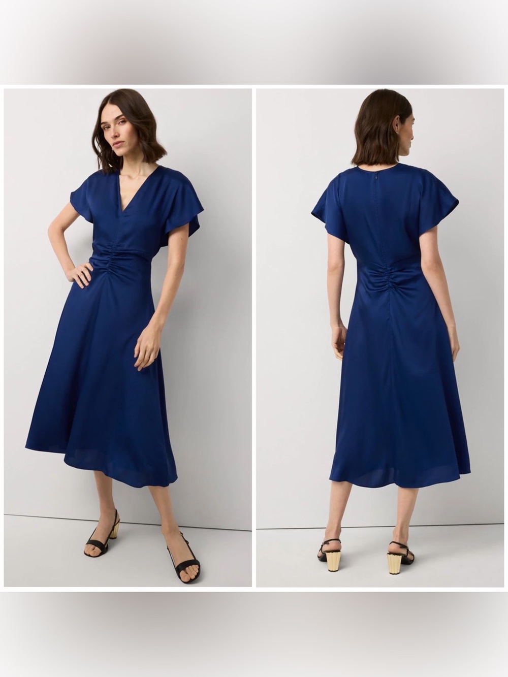 WHITE HOUSE BLACK MARKET Flutter Sleeve Midi Dress V-neck Satin Blue Sz 2 NWT